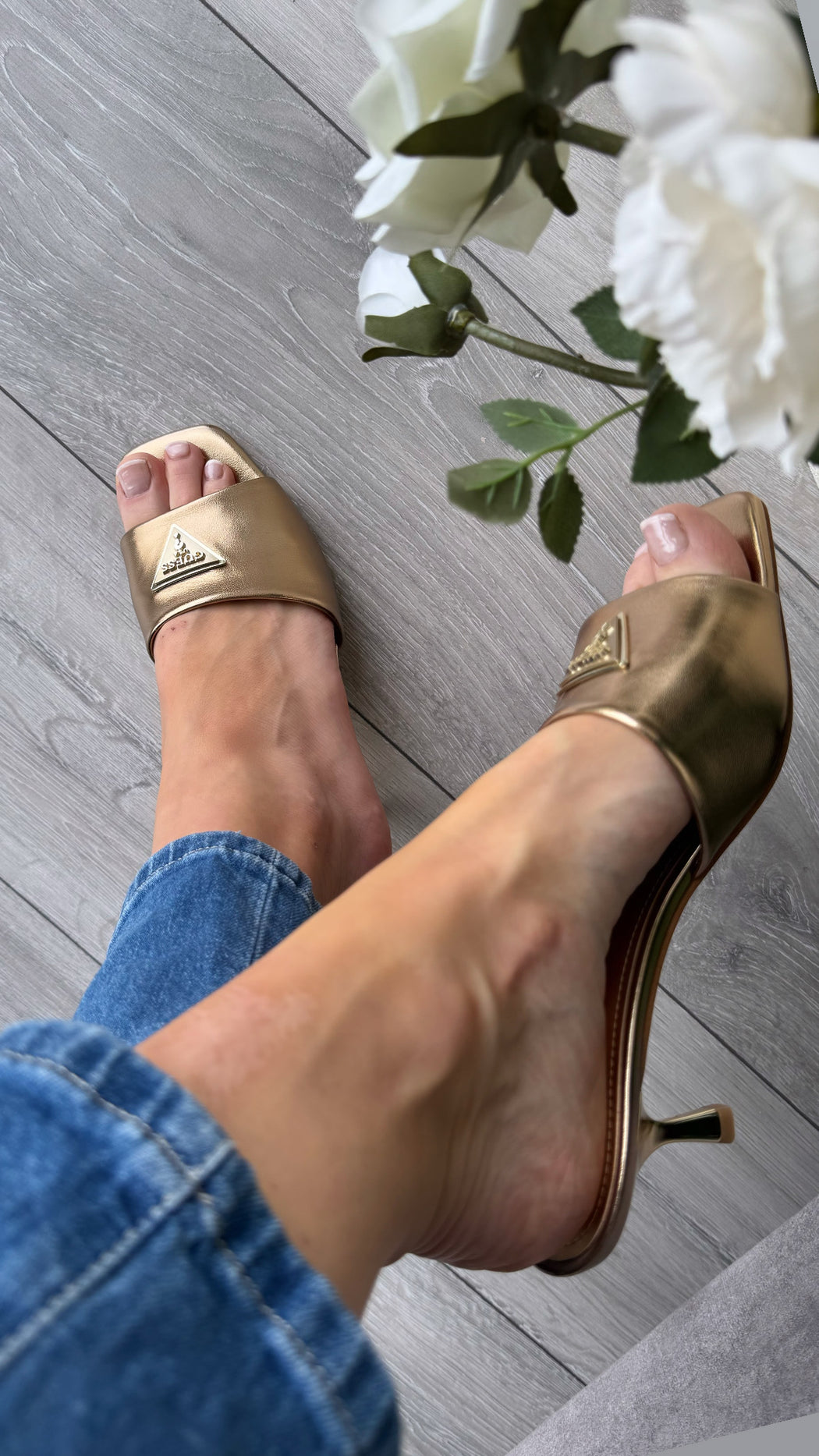 Guess bronze kitten heel mule FLJLUSLEL03
