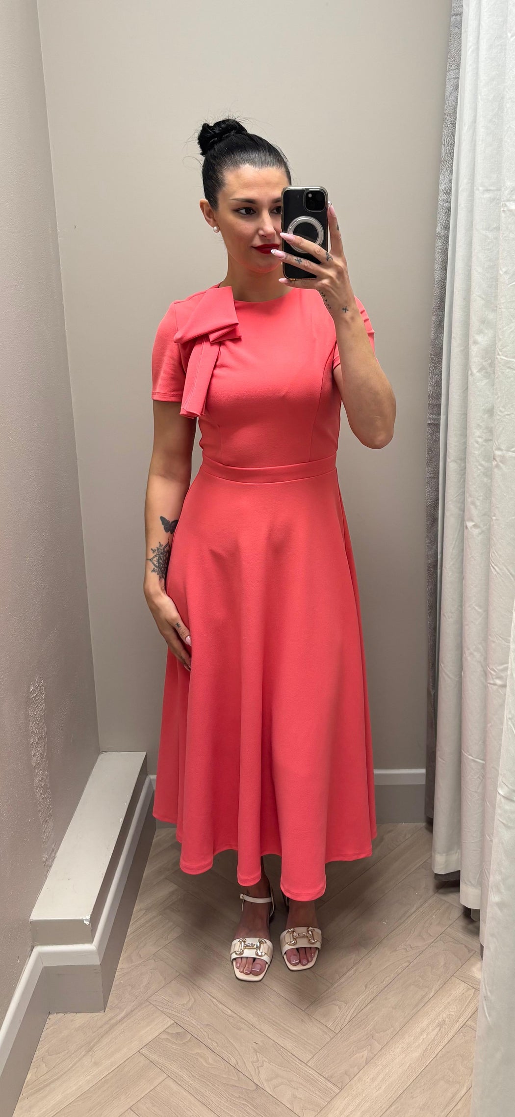 Minta Bow Detail Short Sleeve Midi Dress Coral