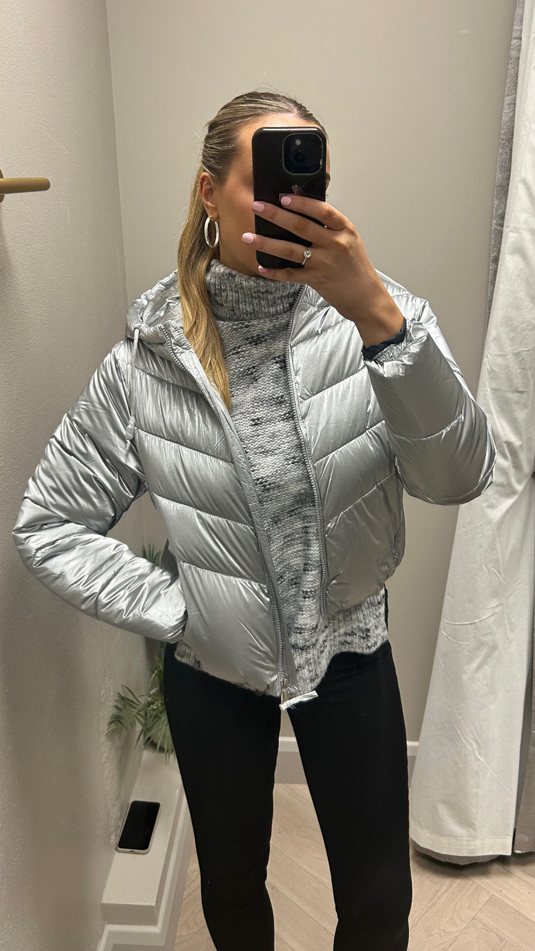 Plata metallic hooded puffer