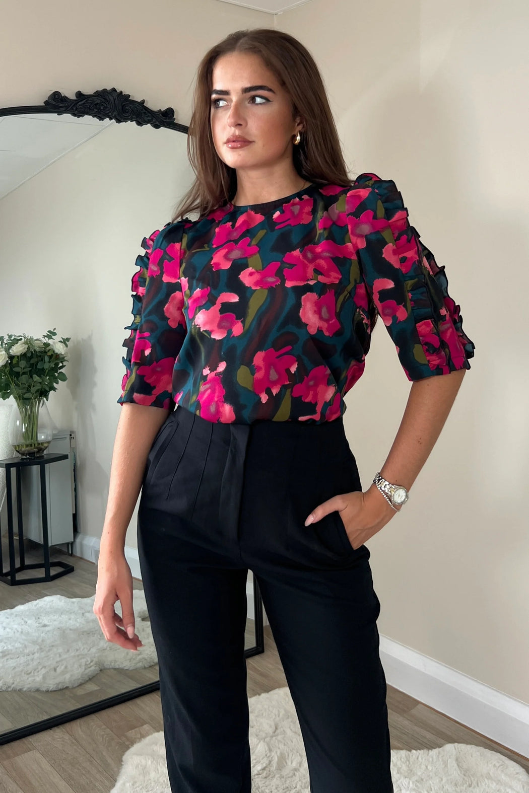 Asher Pink Floral Frill Sleeve Top