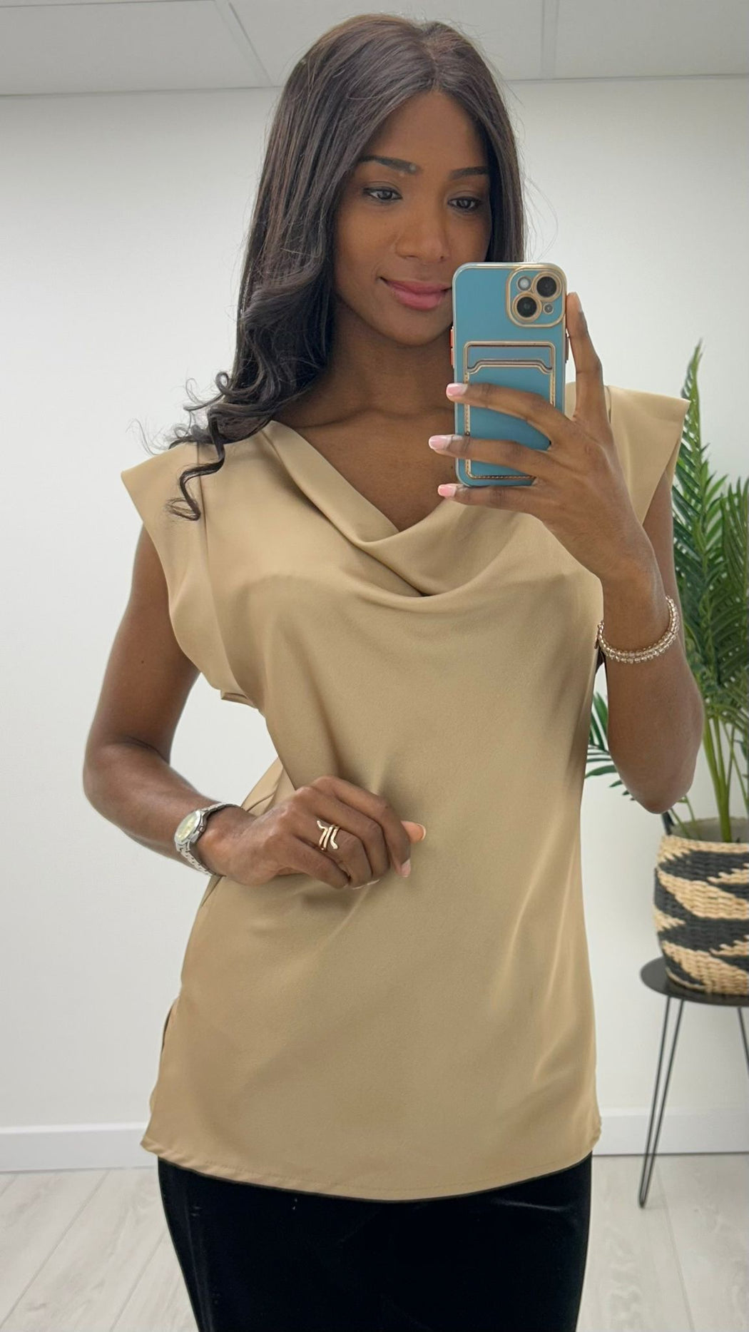 Satin gold cowl neck top