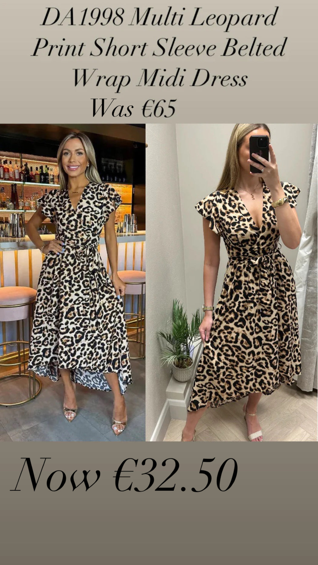 DA1998 Multi Leopard Print Short Sleeve Belted Wrap Midi Dress