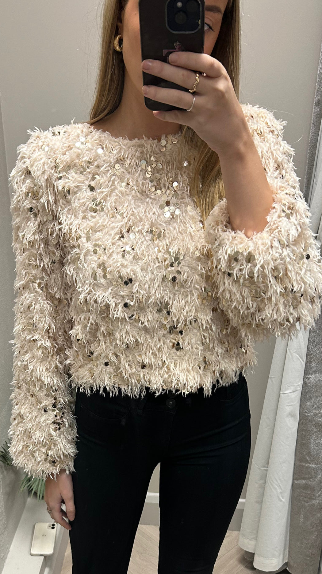 Cream gold feather knit top