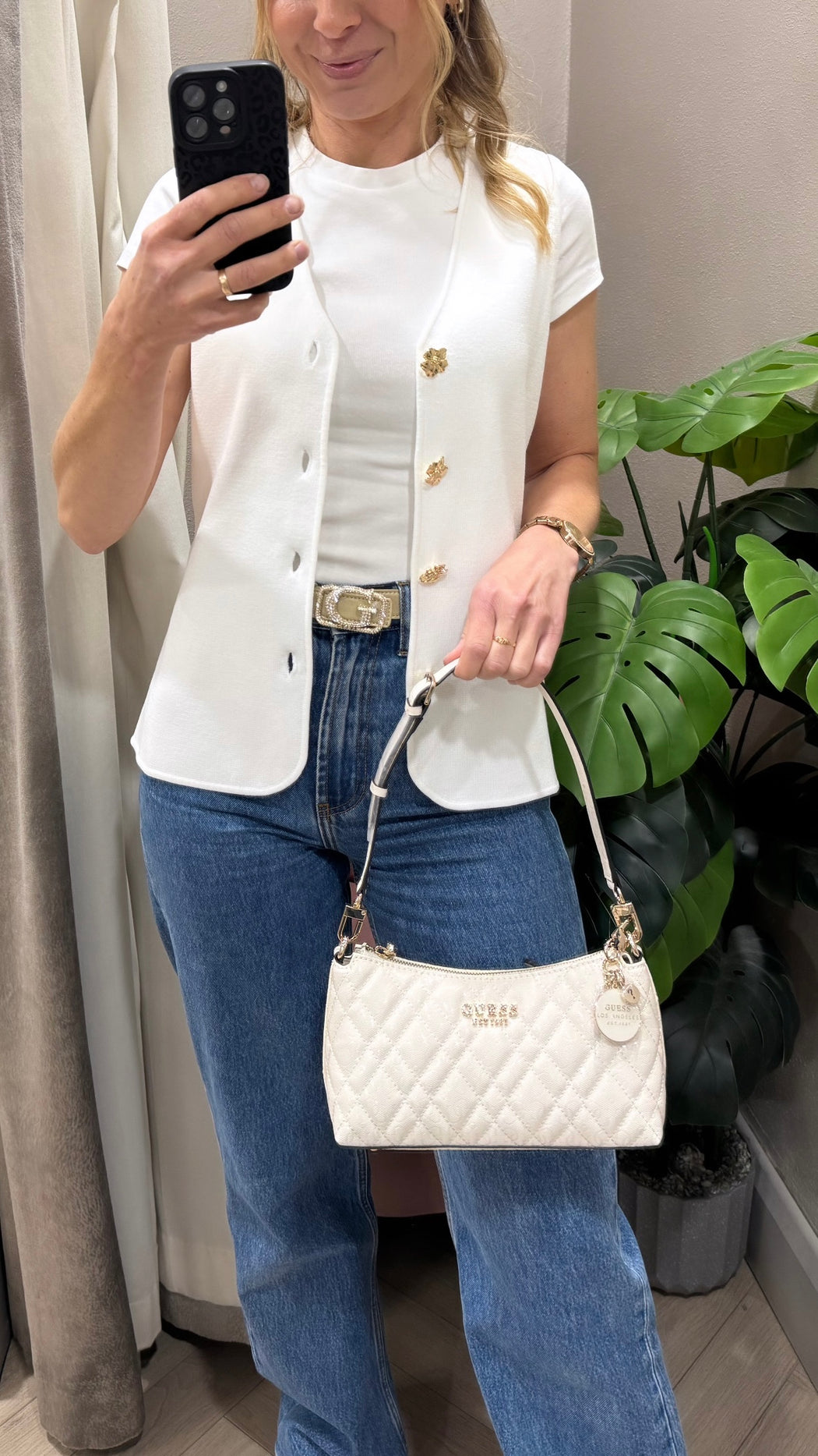 Guess off White Logo Isemay Shoulder Bag