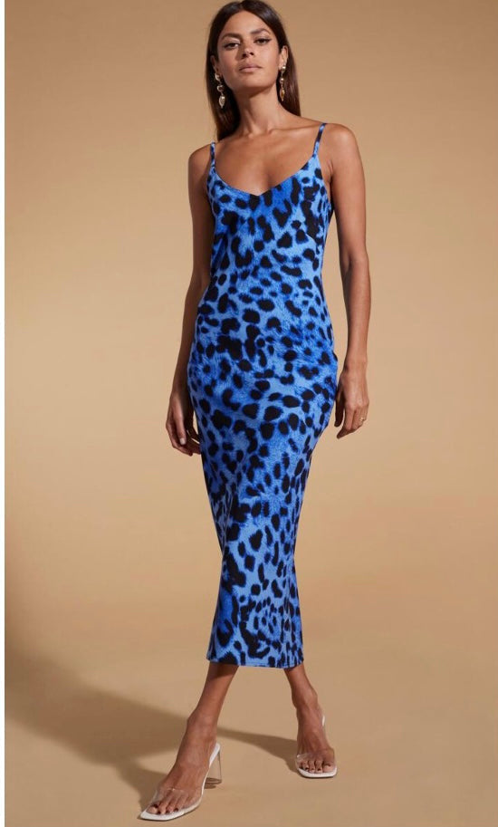 SIENNA MIDAXI SLIP DRESS IN BRIGHT BLUE LEOPARD