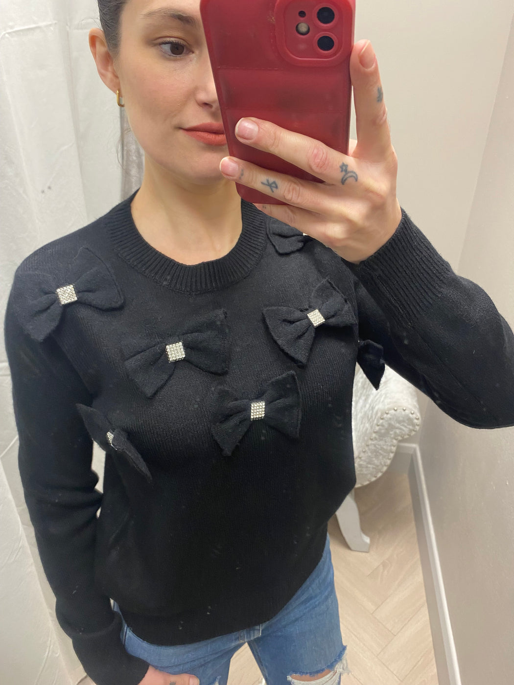 Black diamanté bow knit top