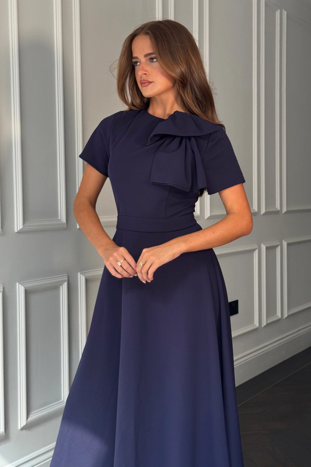 Navy Minta Bow Detail Short Sleeve Midi Dress