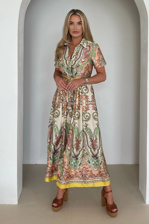 Aurora Maxi Green Border Print Shirt Dress