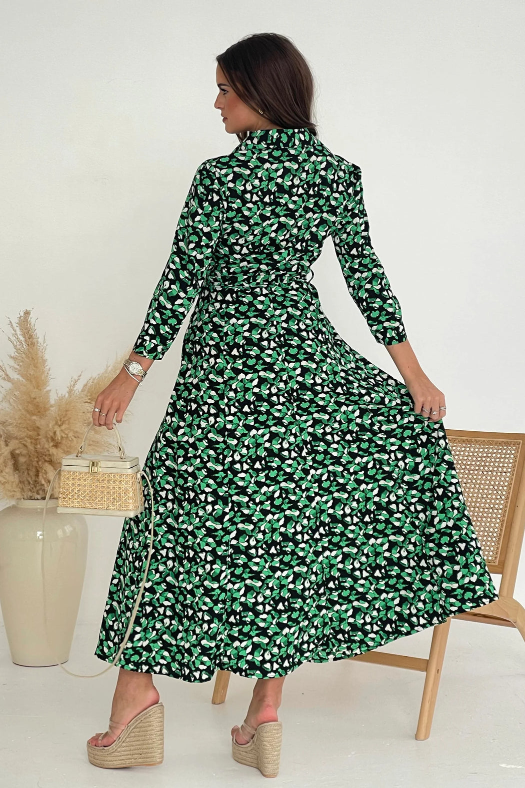 Angela Green Print Long Sleeve Shirt Dress