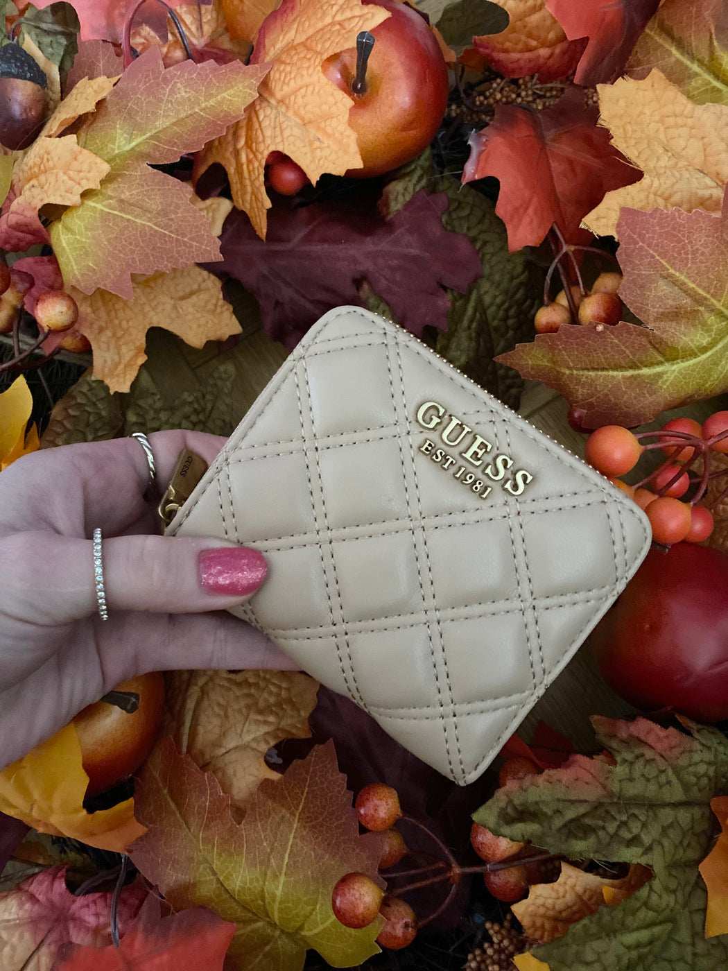 Beige Guess giully mini wallet