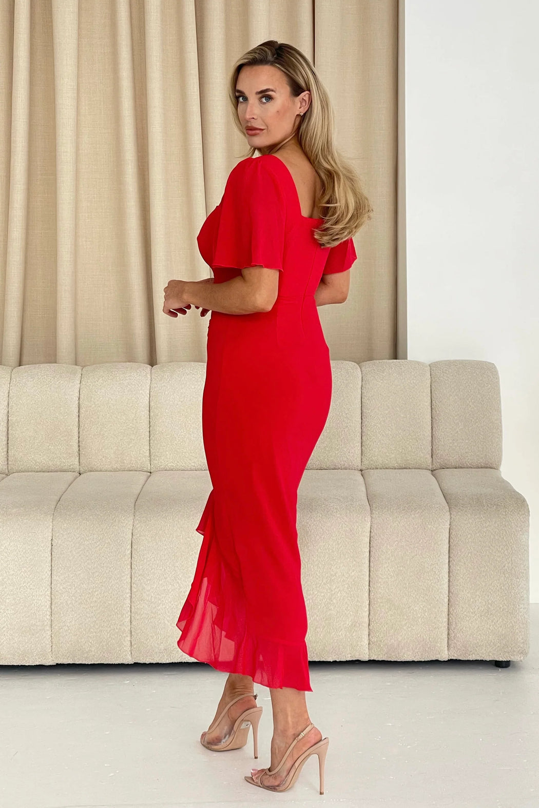 Heidi Red Ruched Midi Dress