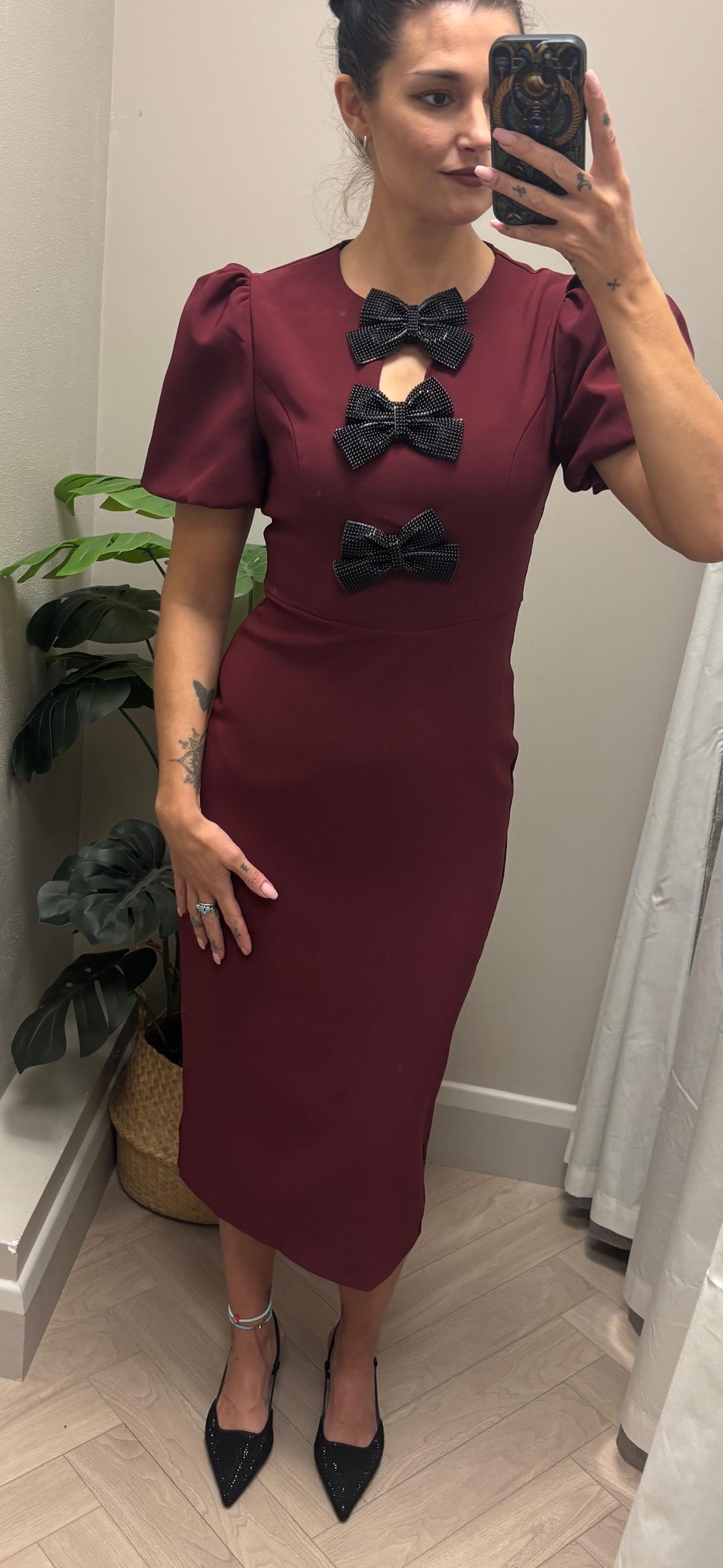 Emma Cut Out Bow Midi Dress Berry