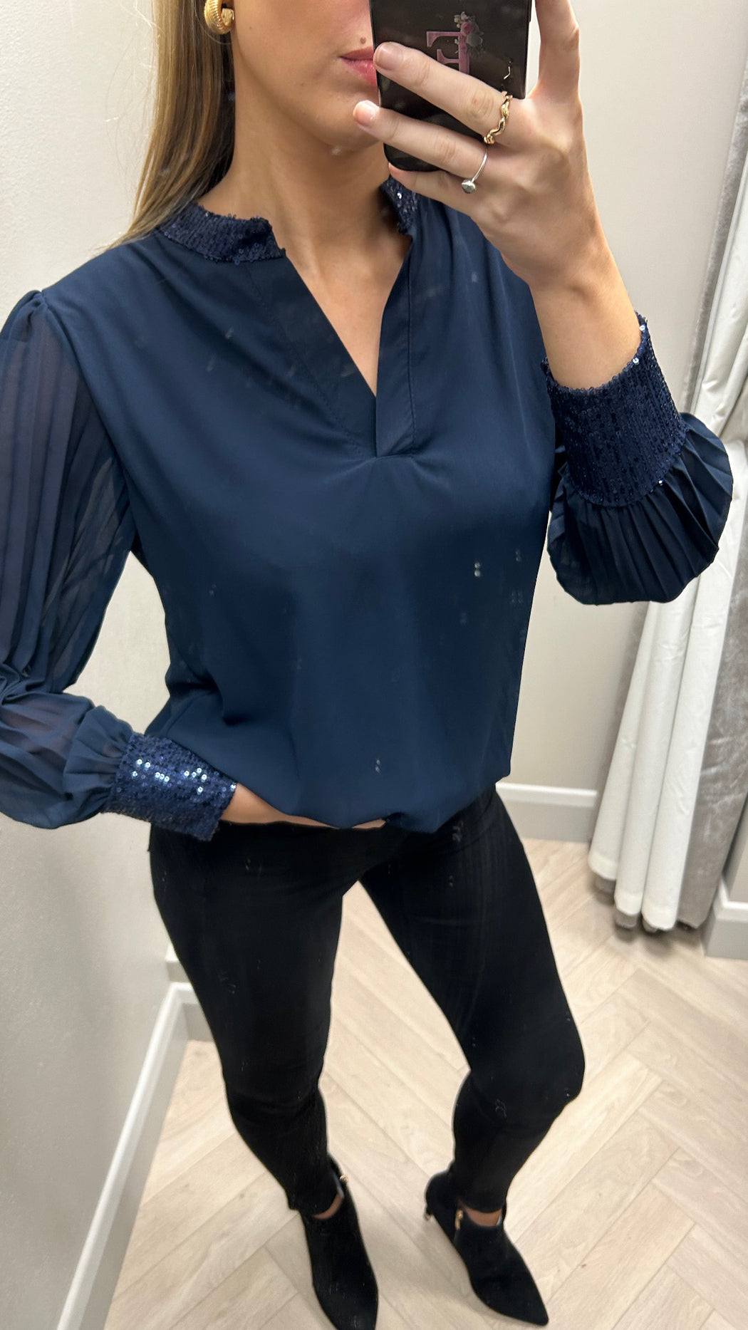 Cassie sparkle trim navy blouse