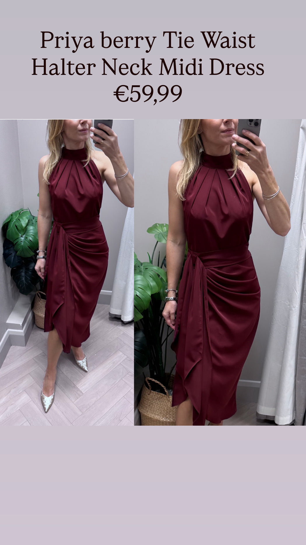 Priya berry Tie Waist Halter Neck Midi Dress