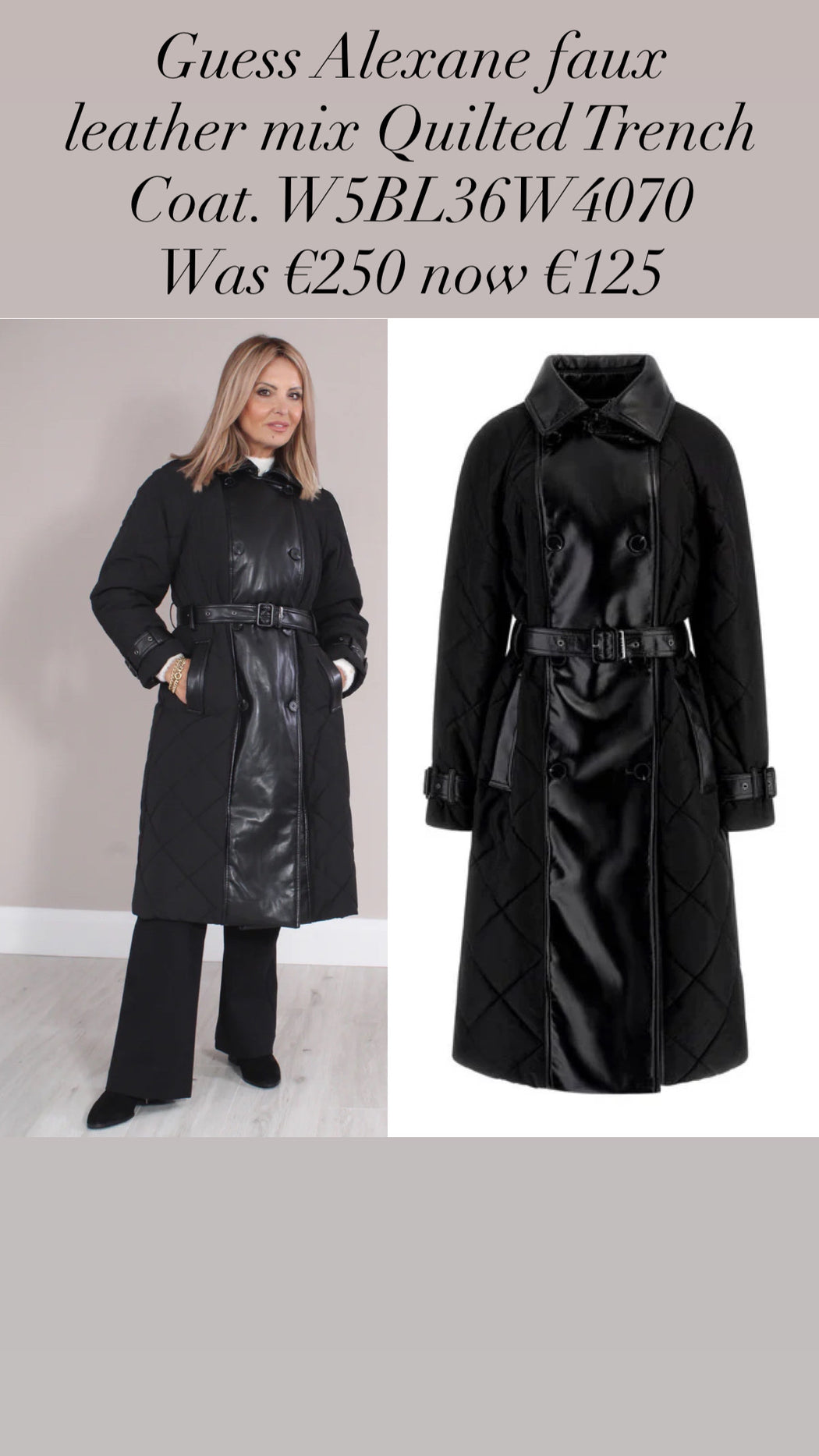 Guess Alexane faux leather mix Quilted Trench Coat. W5BL36W4070