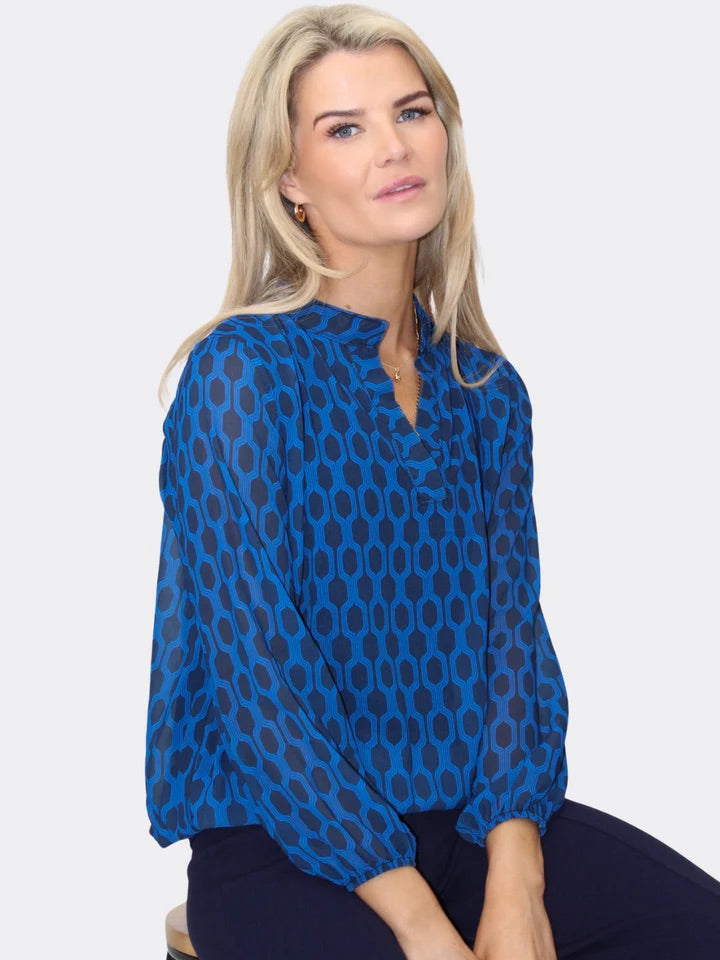 Bella band top in blue geo print