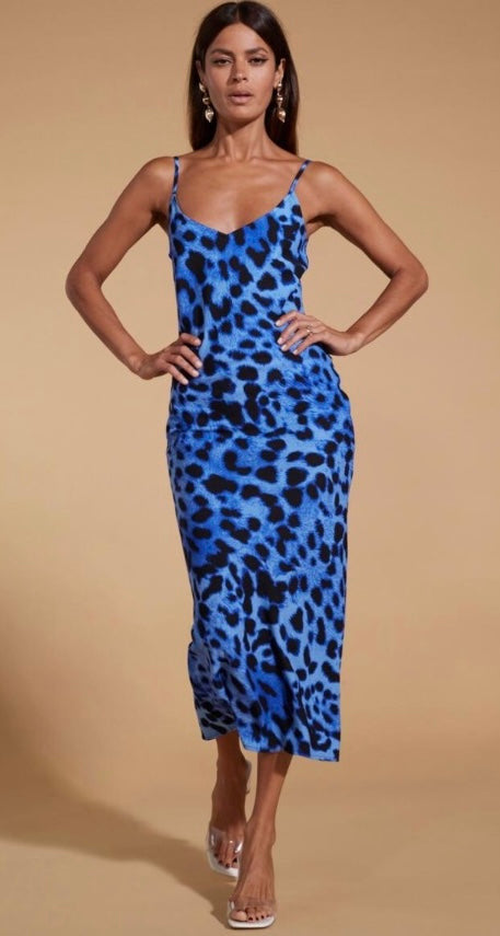 SIENNA MIDAXI SLIP DRESS IN BRIGHT BLUE LEOPARD