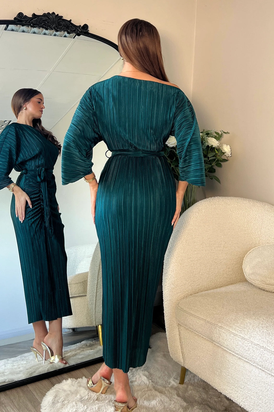 Vendy Off The Shoulder Ruched Detail Midi Dress Emerald