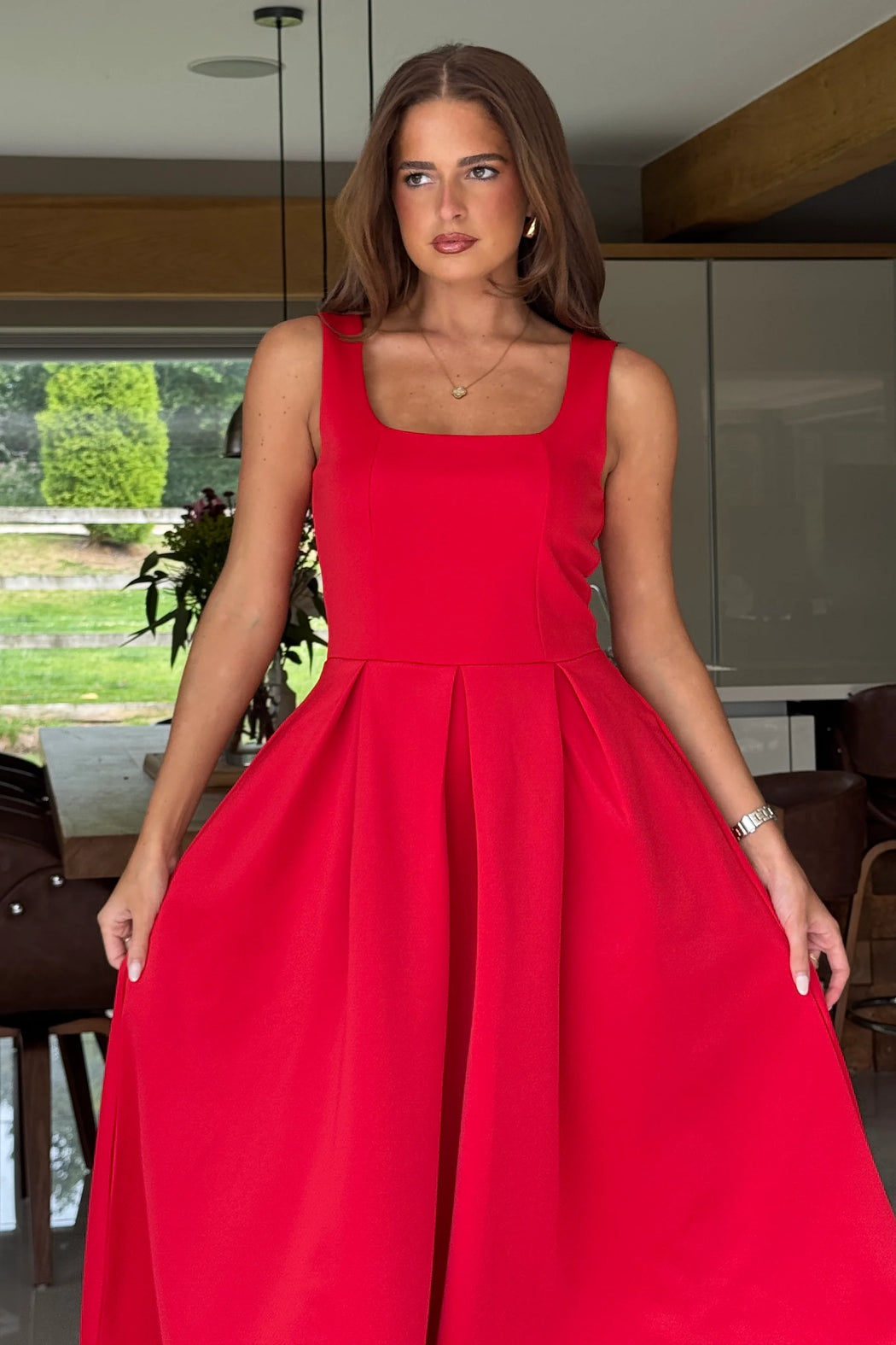 Erica Square Neck Pleated Midi Dress Red