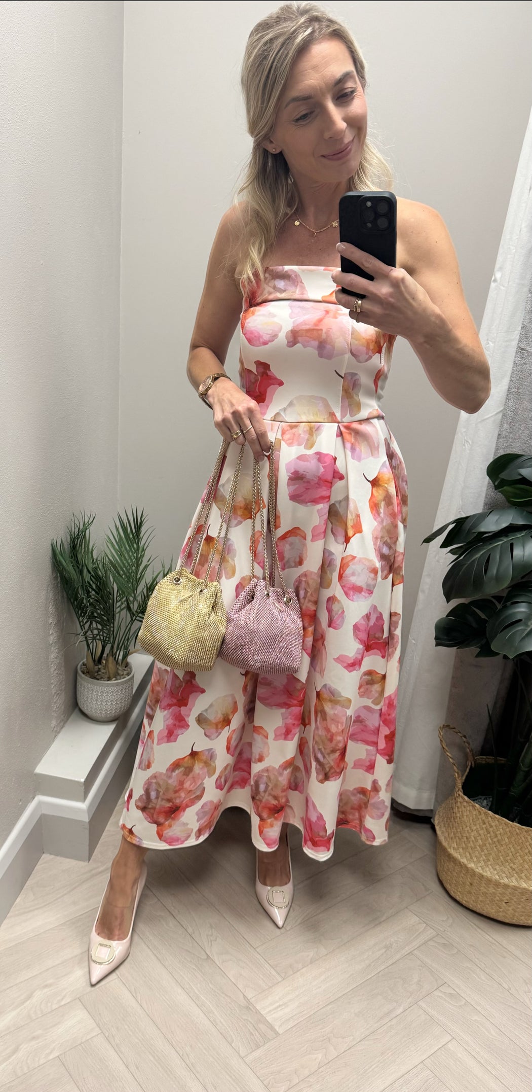 Danni Strapless Bandeau Midi Dress Pink Floral
