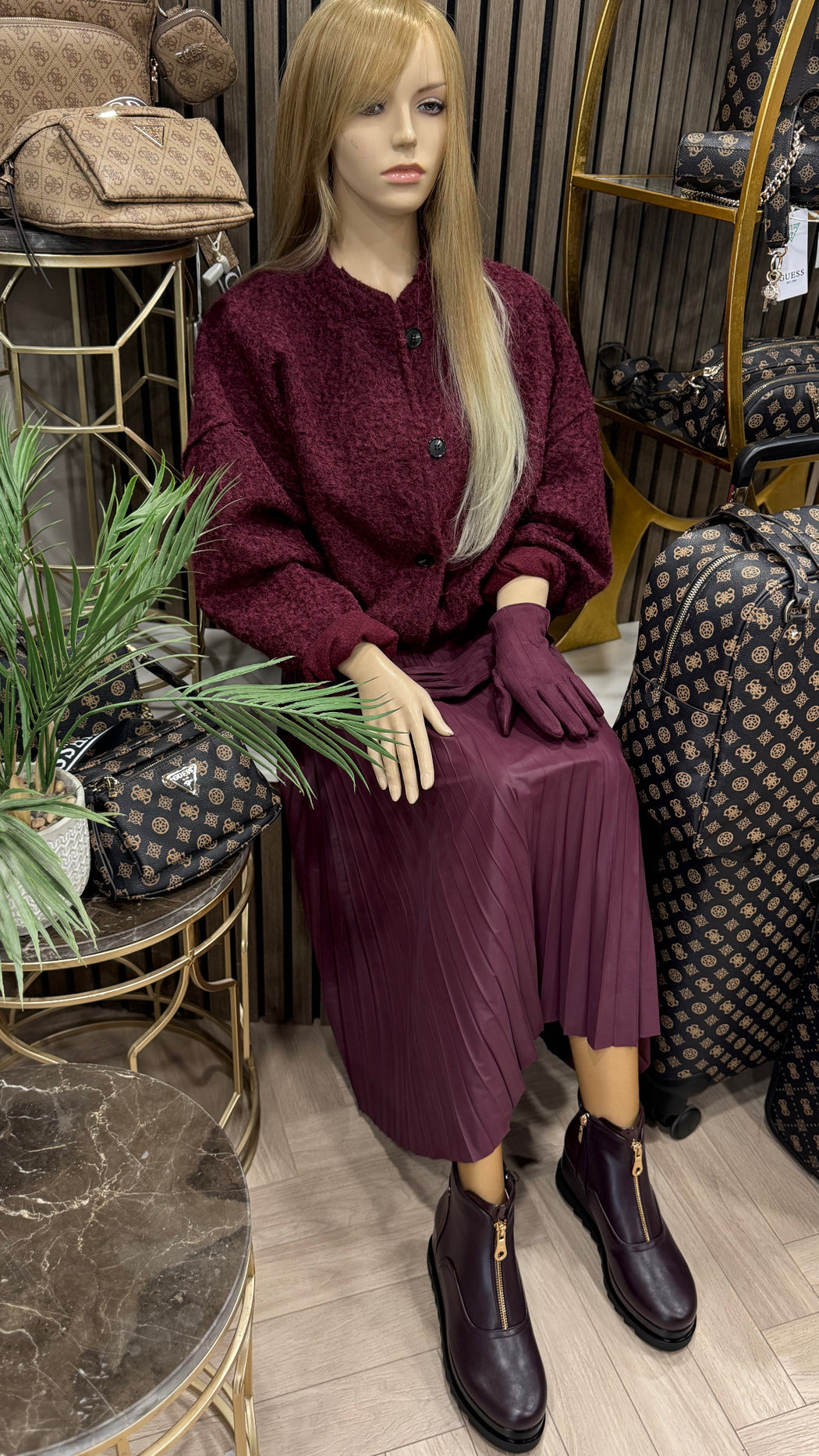 Kyoto wine pleated faux leather skirt