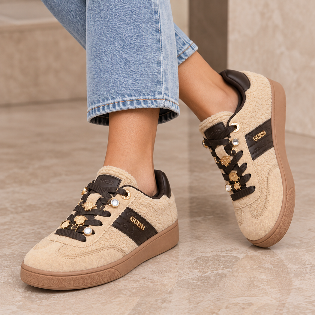 Guess beige teddy trainers flfn3afur12