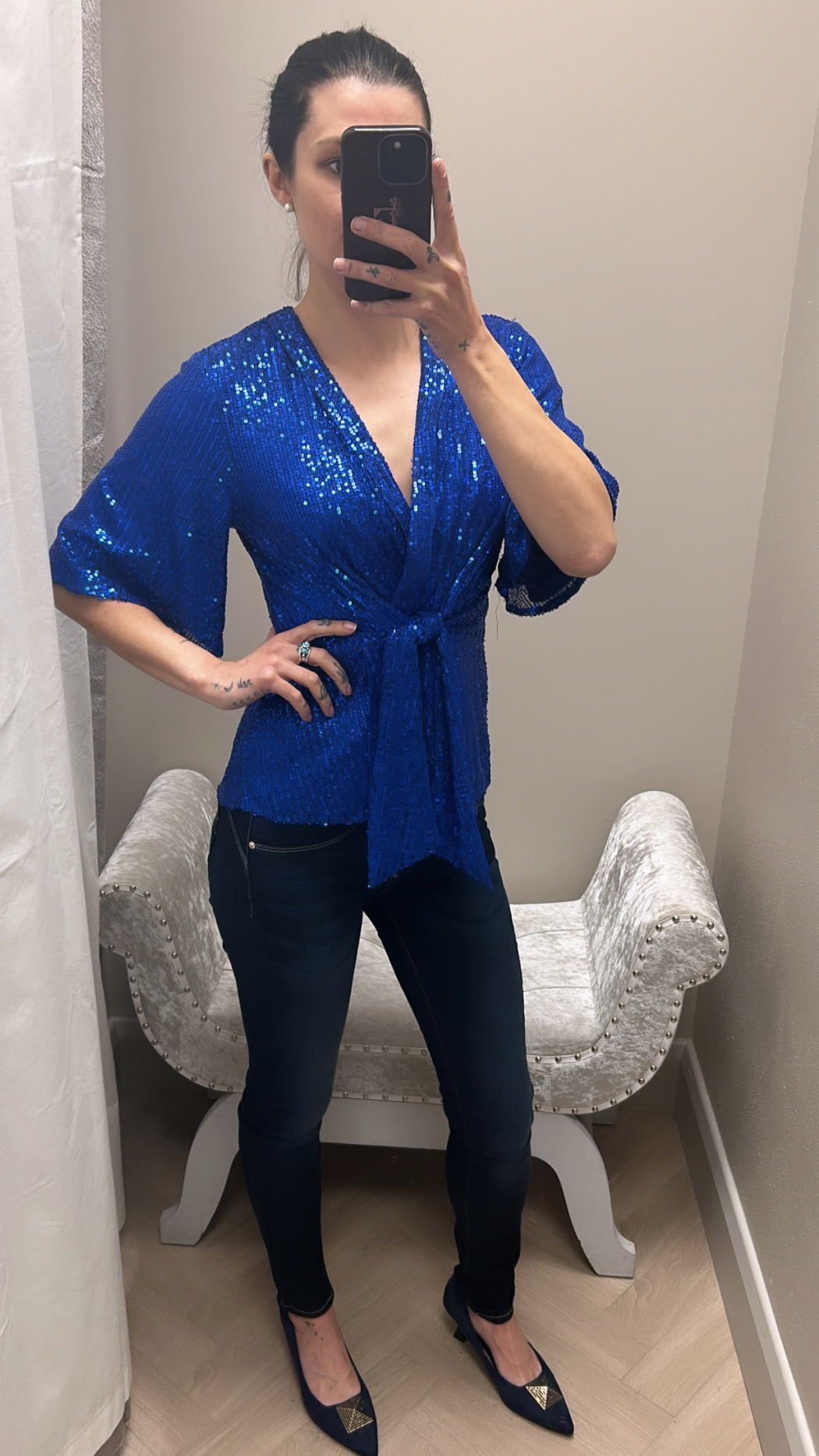 Brooke Cobalt Sequin Wrap Detail Top