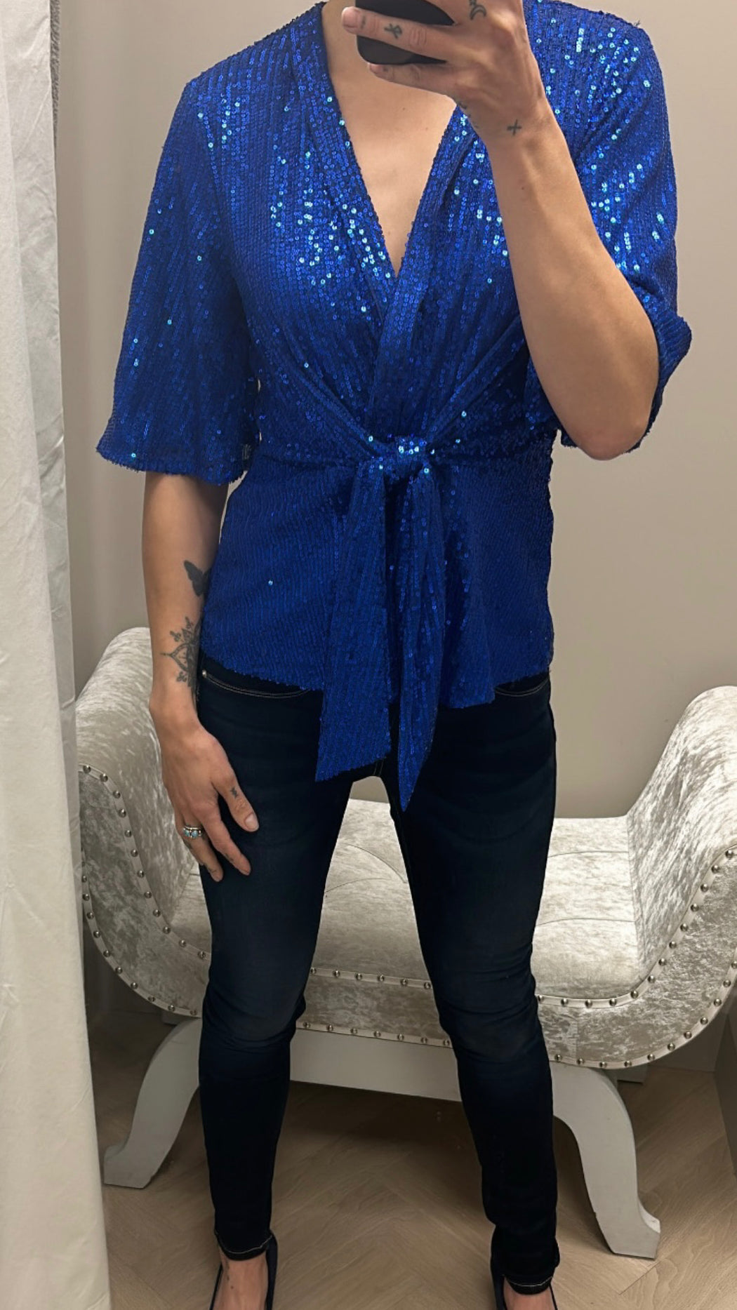 Brooke Cobalt Sequin Wrap Detail Top