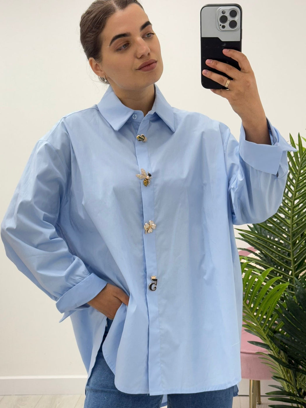 Suzie Blue oversized shirt with button detail