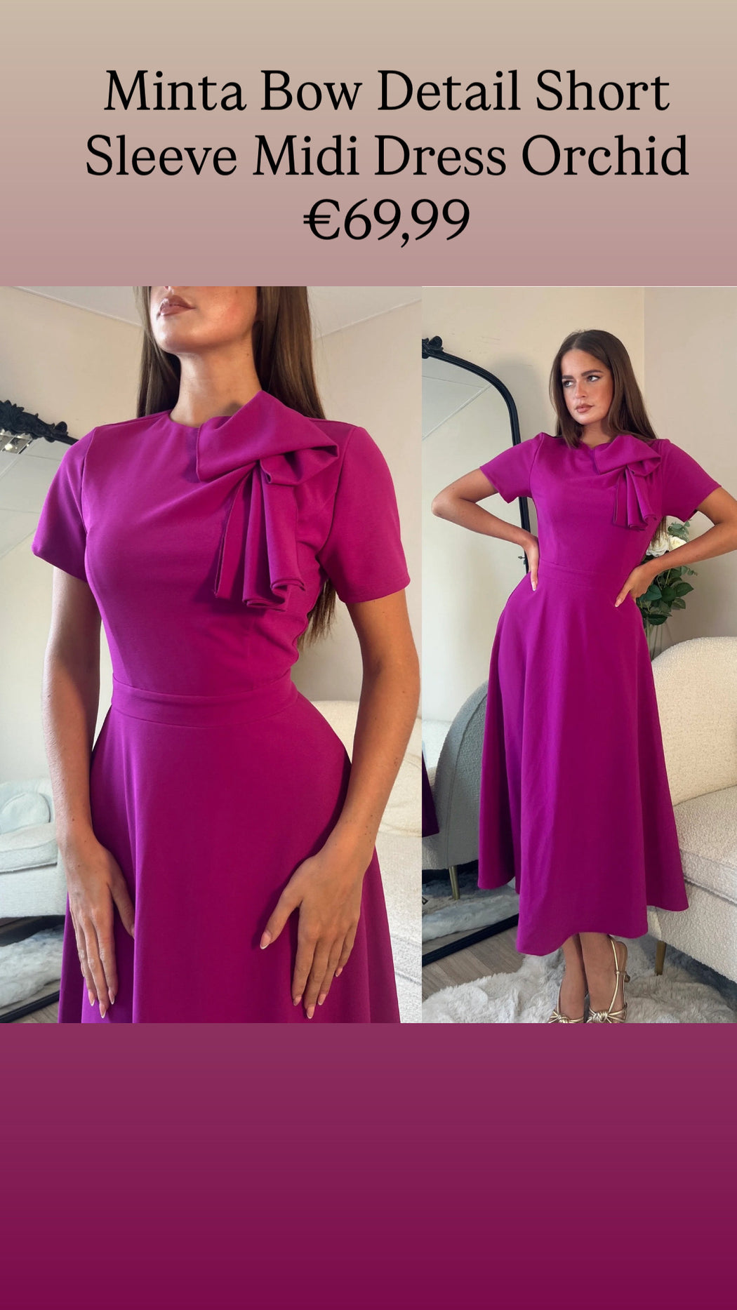 Minta Bow Detail Short Sleeve Midi Dress Orchid