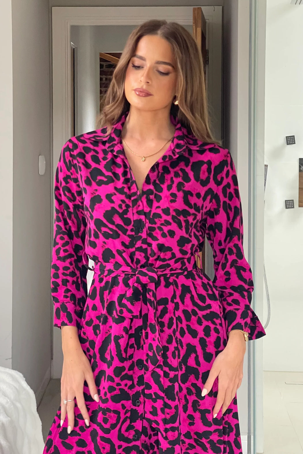 Angela Pink Animal Shirt Maxi Dress