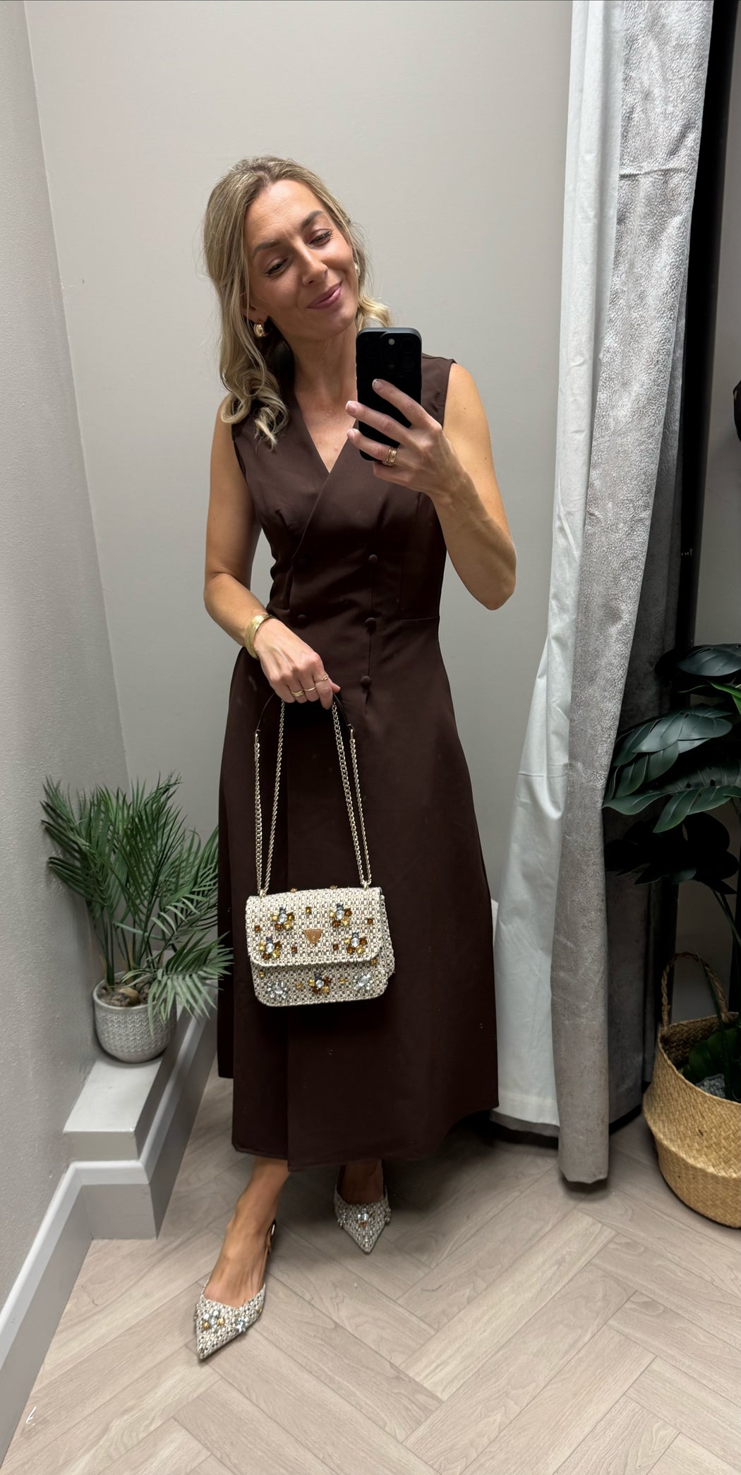 Hazel Tailored Sleeveless Midi Dress Brown