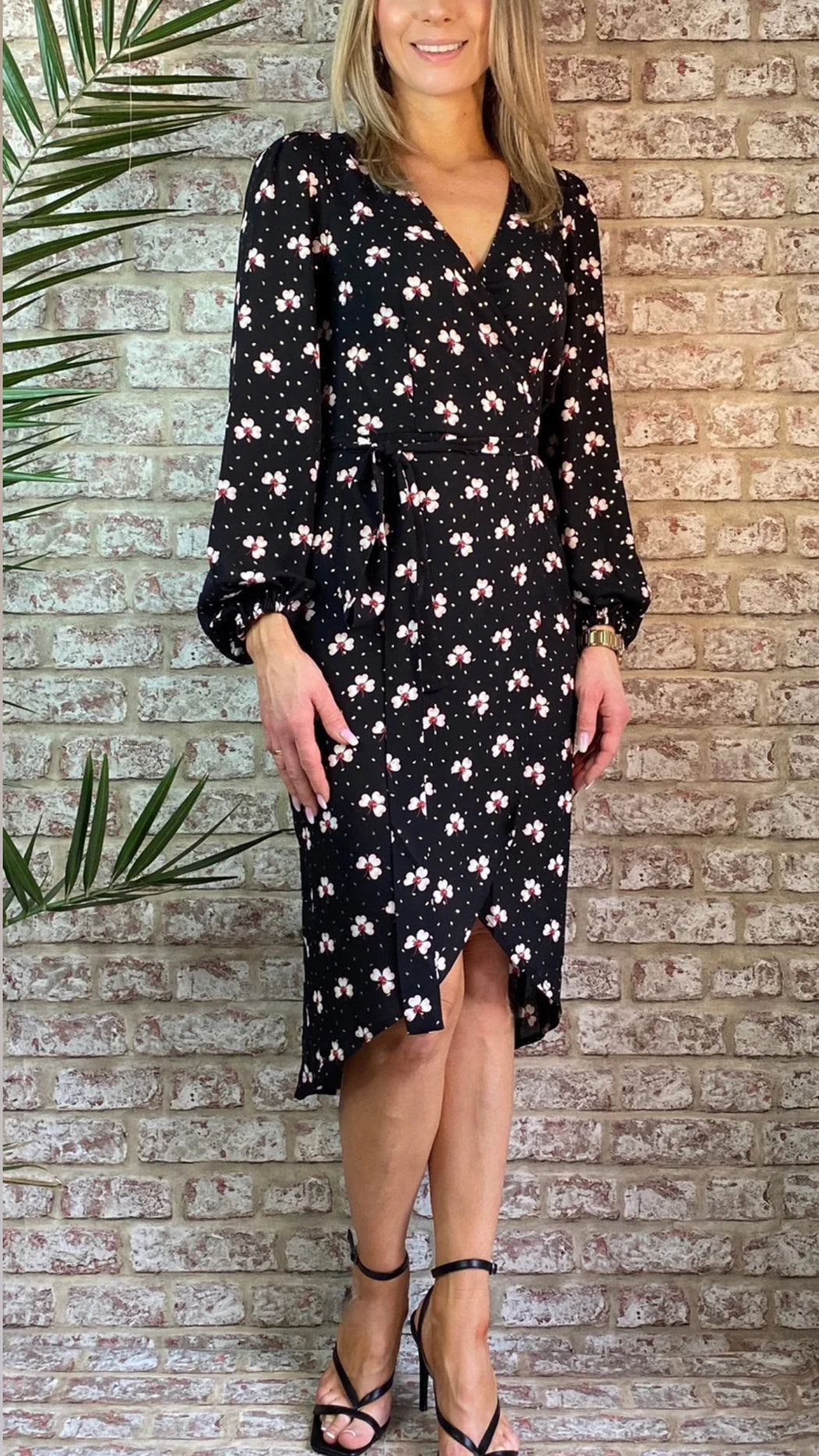 Shrimp black floral wrap midi dress traff