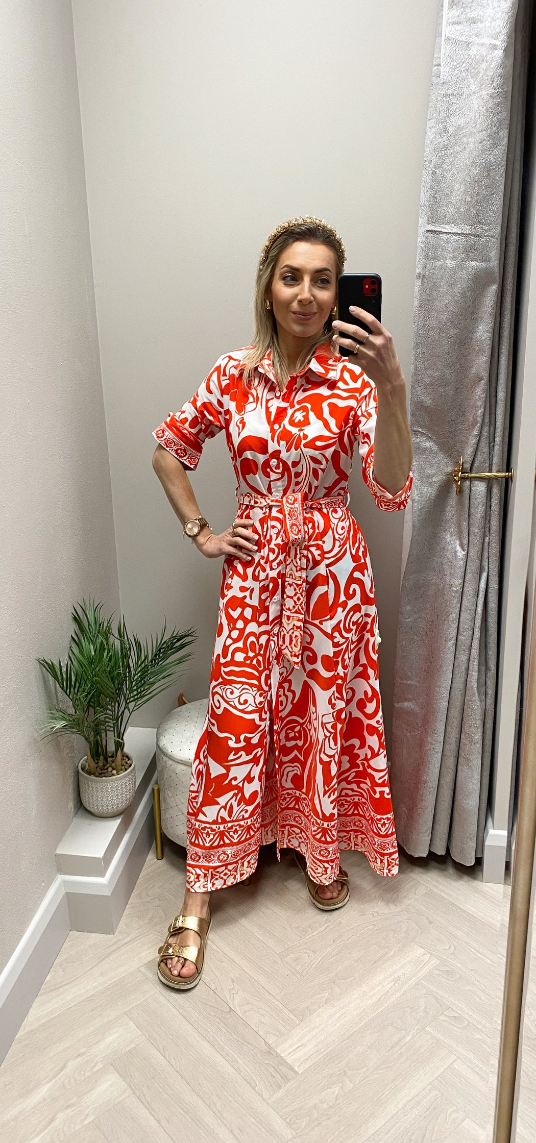 Angela Red Print Shirt Maxi Dress