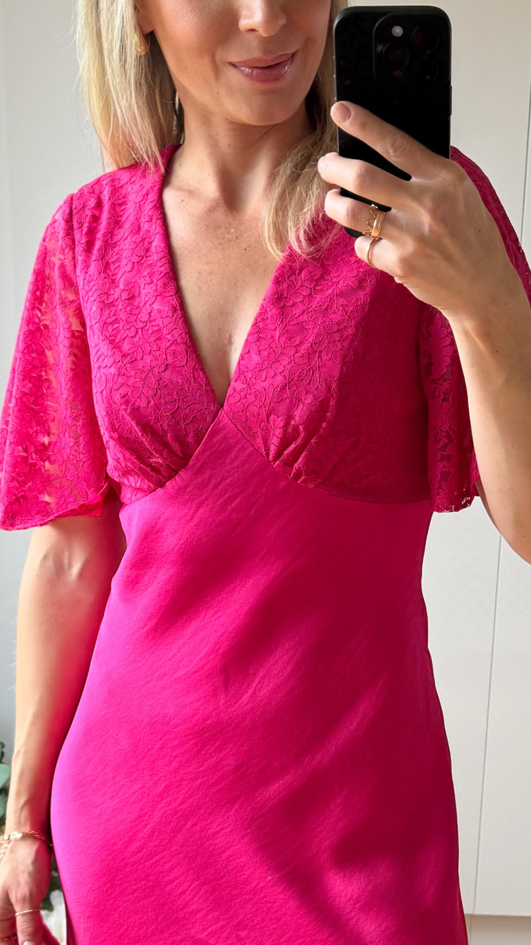 Pink Lace Satin Midi Dress