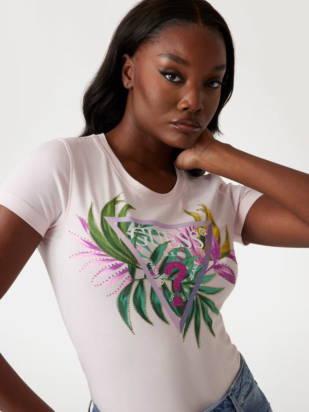 Guess pink leaf triangle tee