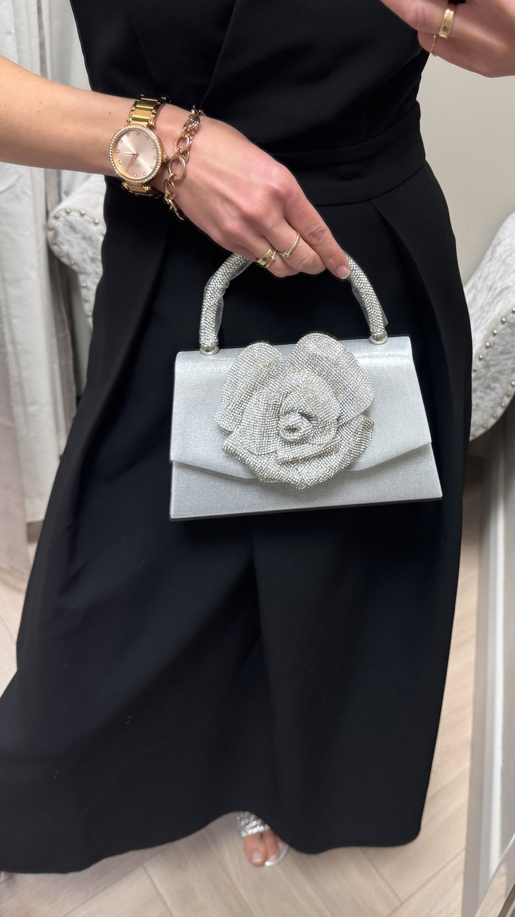 Rhinestone rose flower silver bag