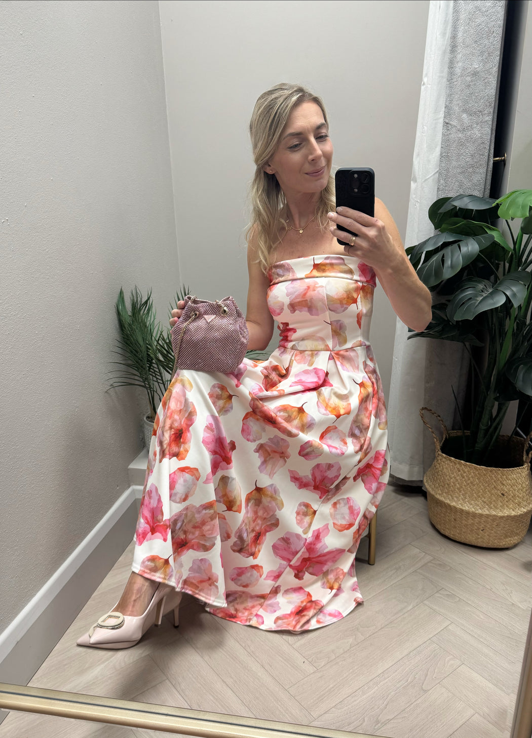 Danni Strapless Bandeau Midi Dress Pink Floral