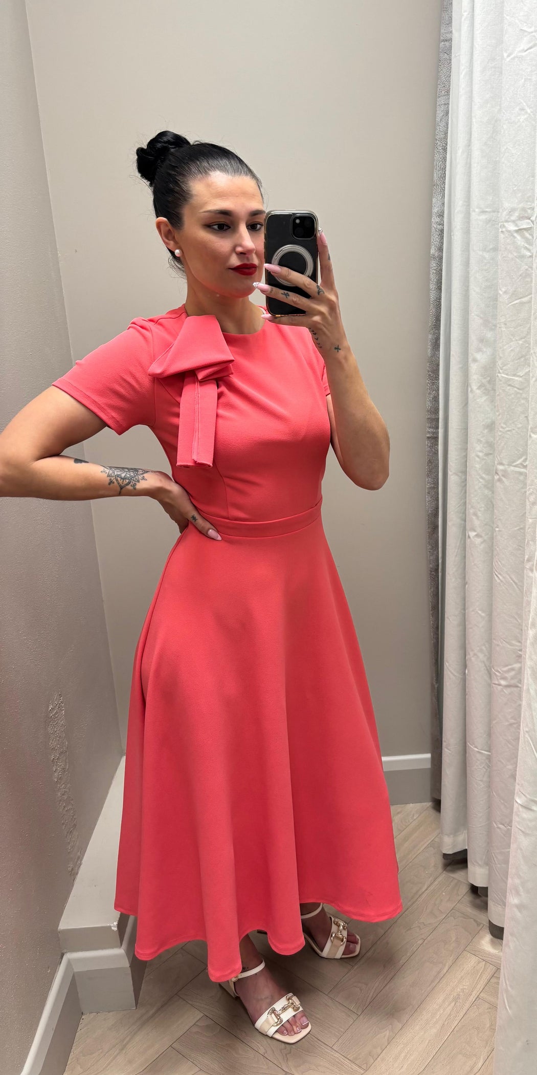 Minta Bow Detail Short Sleeve Midi Dress Coral