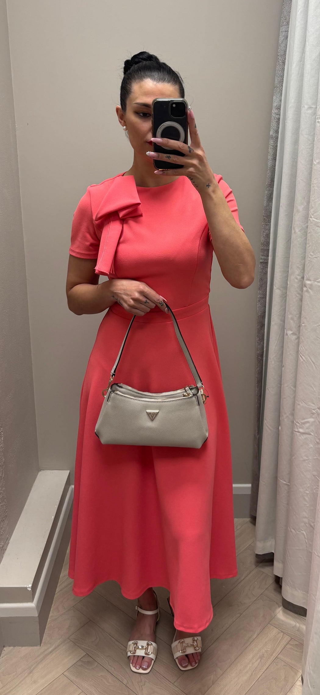 Minta Bow Detail Short Sleeve Midi Dress Coral