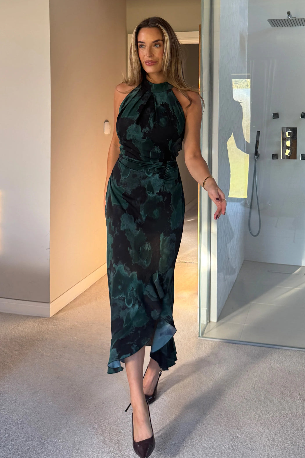 Amani Ruched Halter Neck Midi Dress Green Print