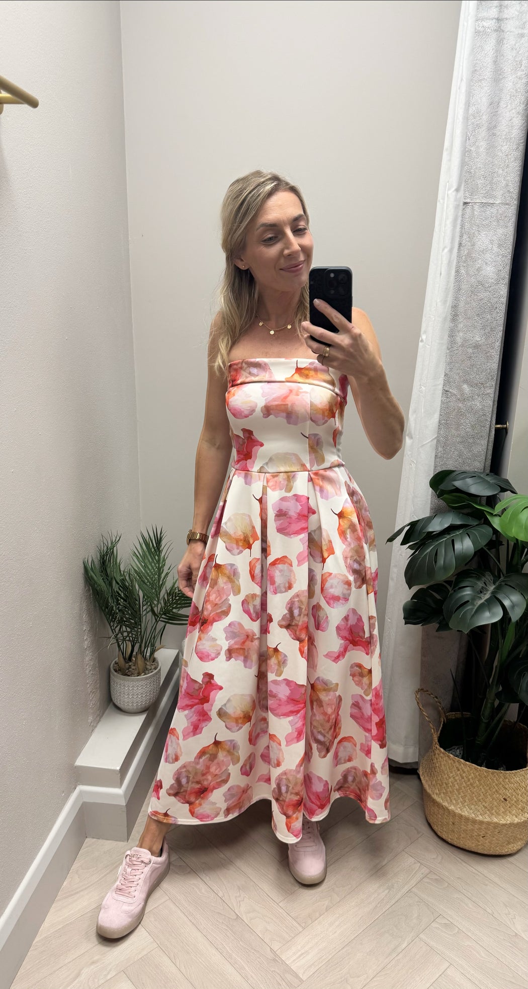 Danni Strapless Bandeau Midi Dress Pink Floral