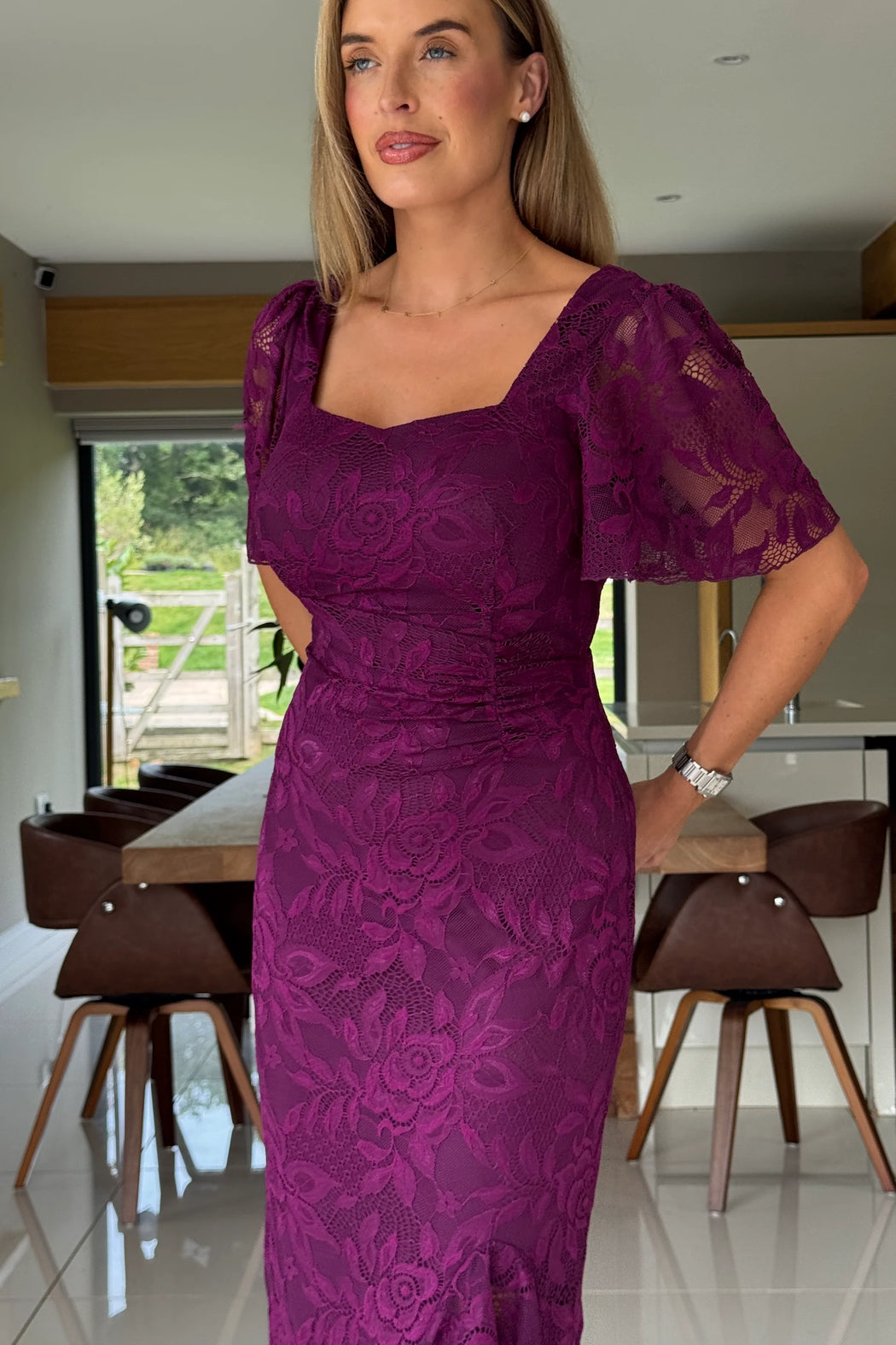 Heidi Lace Ruched Midi Dress Plum