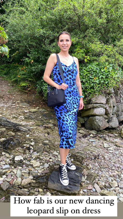 SIENNA MIDAXI SLIP DRESS IN BRIGHT BLUE LEOPARD