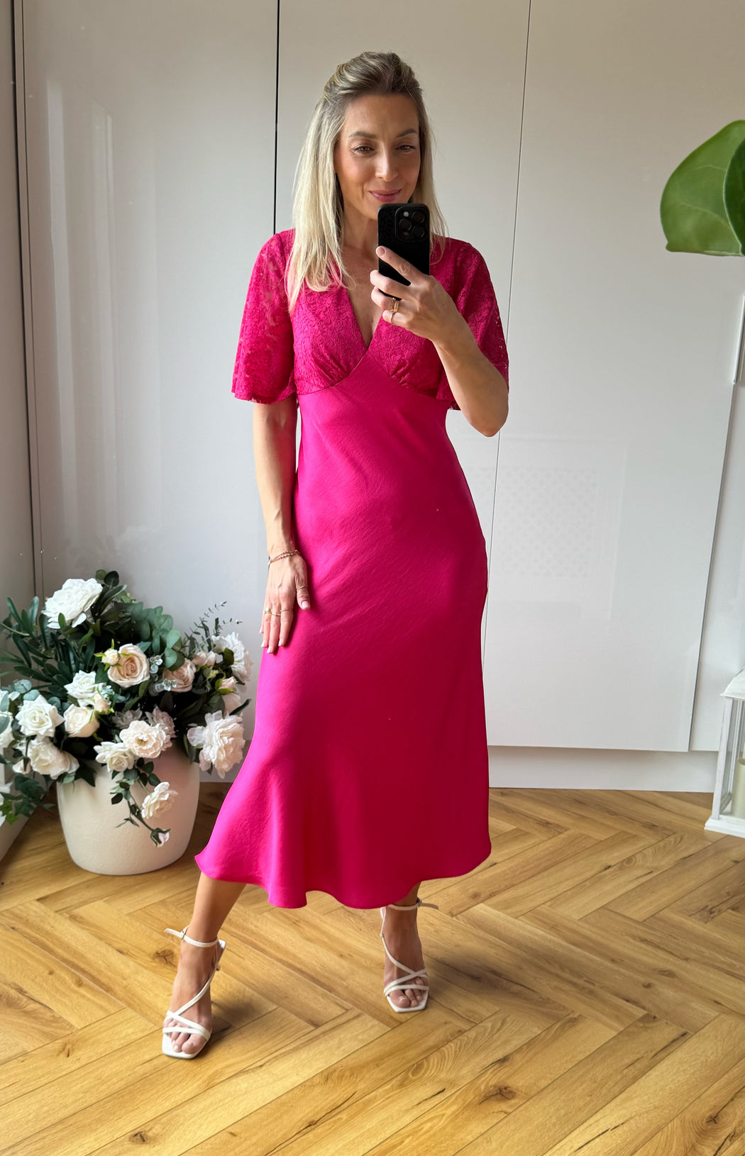 Pink Lace Satin Midi Dress