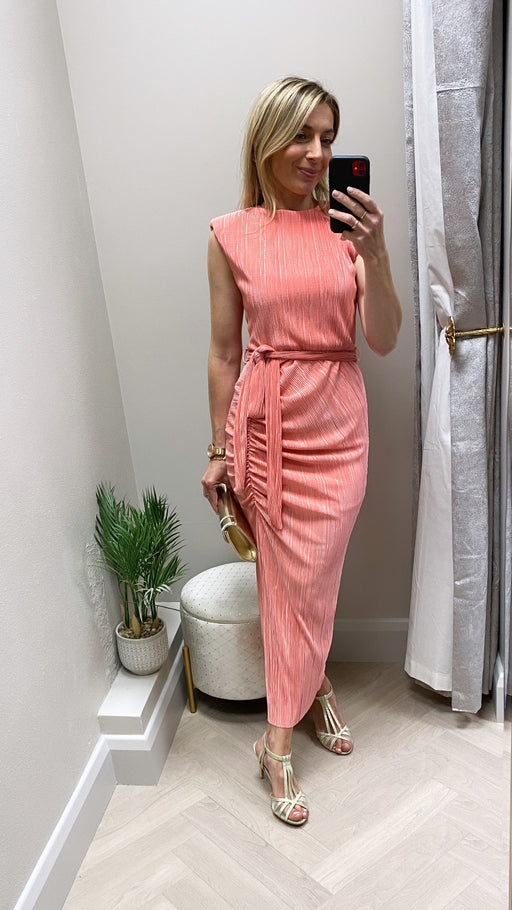 Elena Ruched Seamed Midi Dress Coral