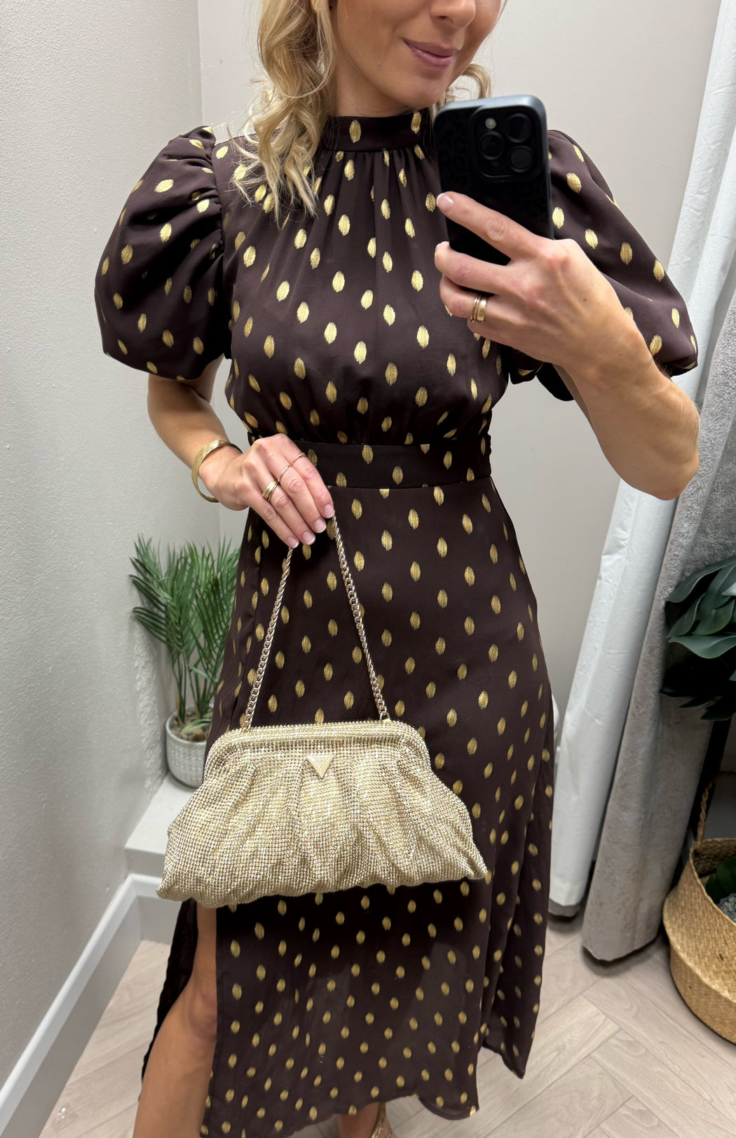 Lilith Brown & Gold Puff Sleeve High Neck Midi Dress