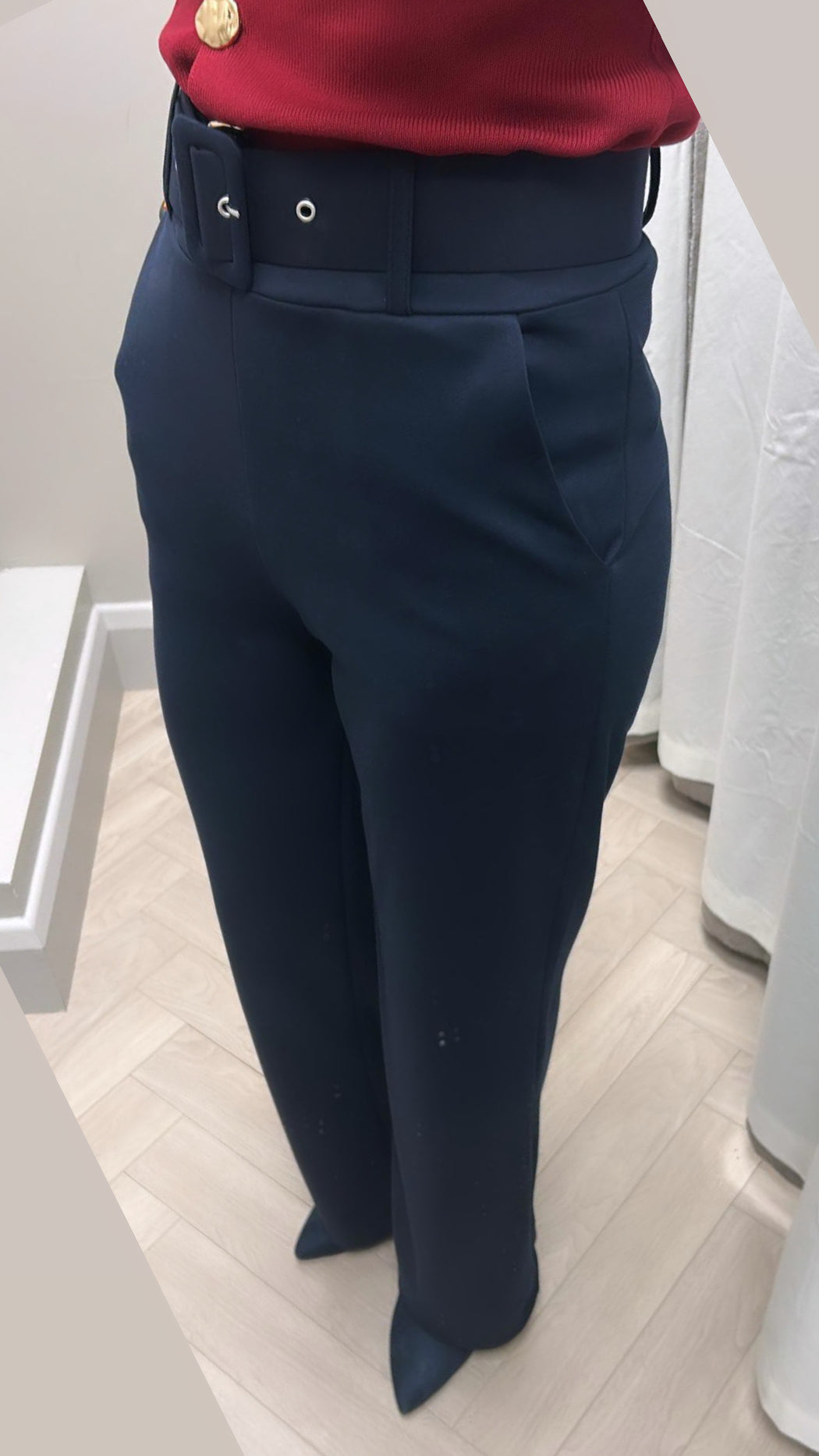 Navy belted trousers