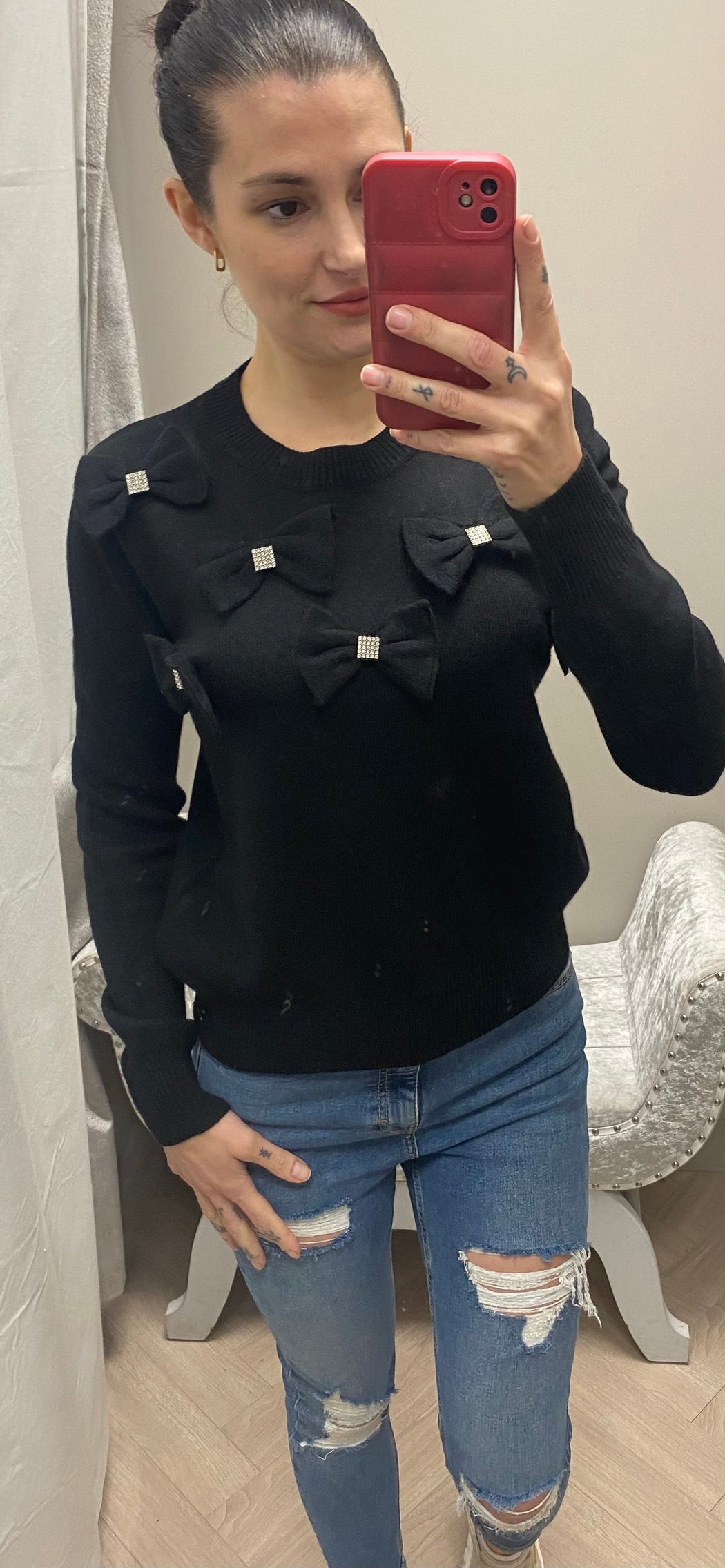 Black diamanté bow knit top