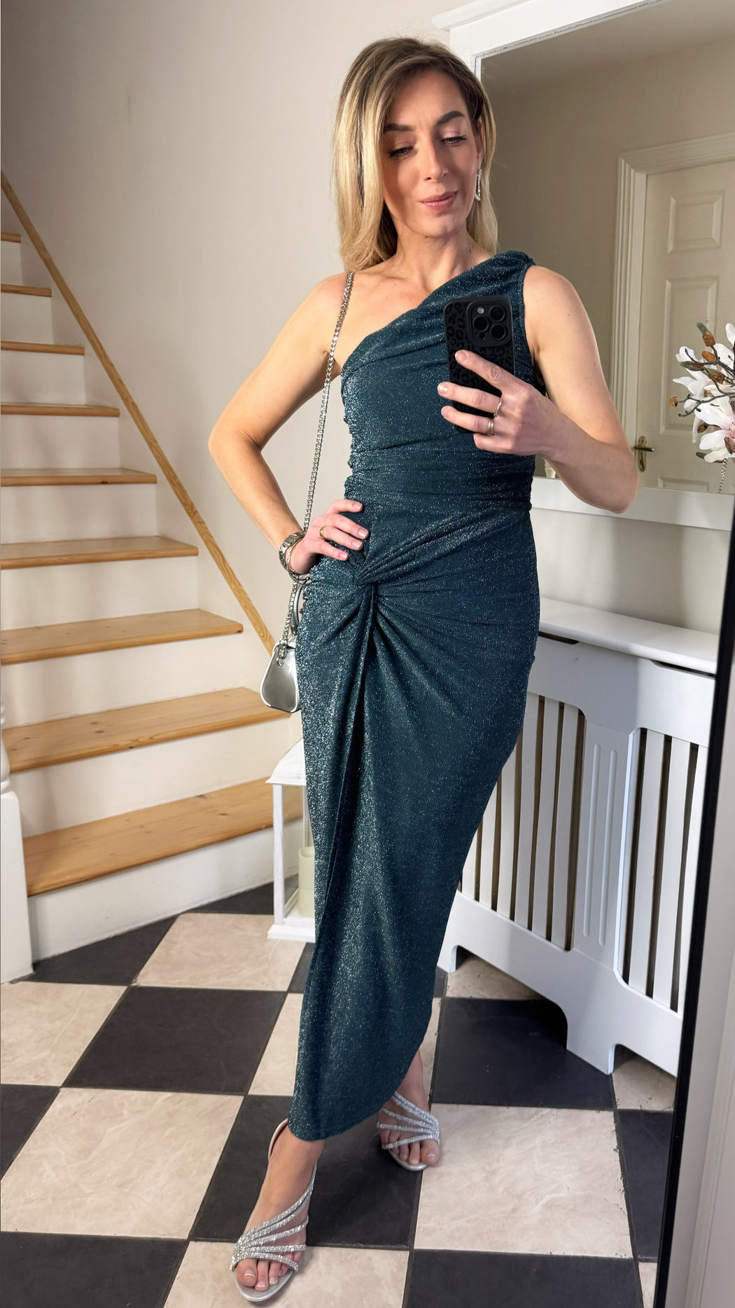 Da1952 Teal Sparkle One Shoulder Gathered Midi Dress